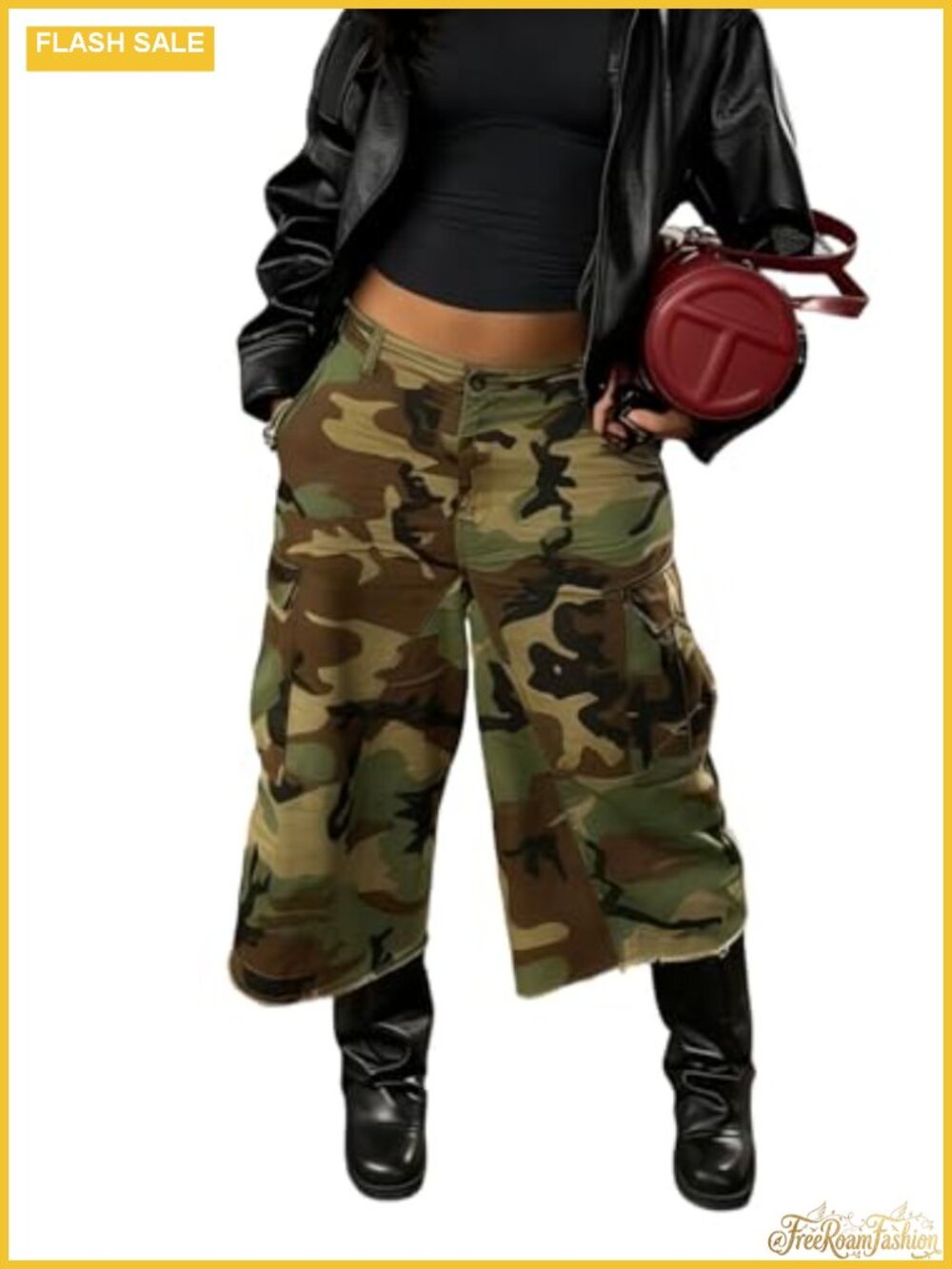 High Waisted Camo Cargo Capri Pants Wide Leg Raw Hem Streetwear